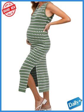 Sleeveless Striped Bodycon Maternity Midi Dress with Side Slit Stretchy Knit
